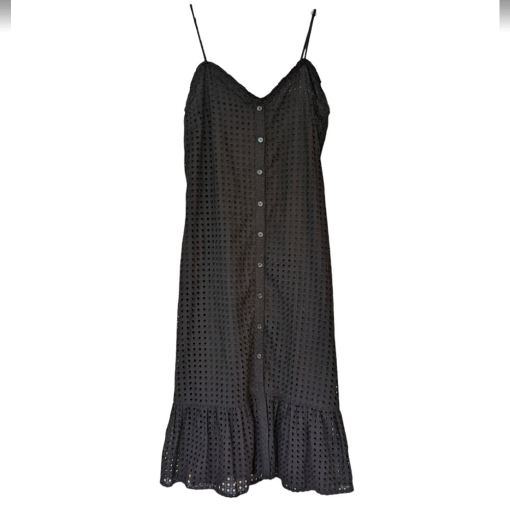 Emmie Rose Eyelet midi dress medium black 100% cotton sweetheart neck buttons